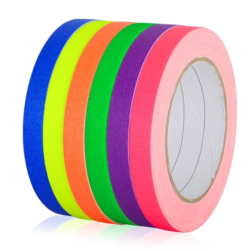 G GEYYANG GEYYANG 6-Pack Spike Tape, Colored Gaffers Tape 1/2 inch x 20 Yards, 6 Bright Colors Neon Fluorescent Gaffer Tape,Multipurpose Gaff Tape,Spike Tape Theater Stage Floors Pinstripe Marking Tape - Image 1